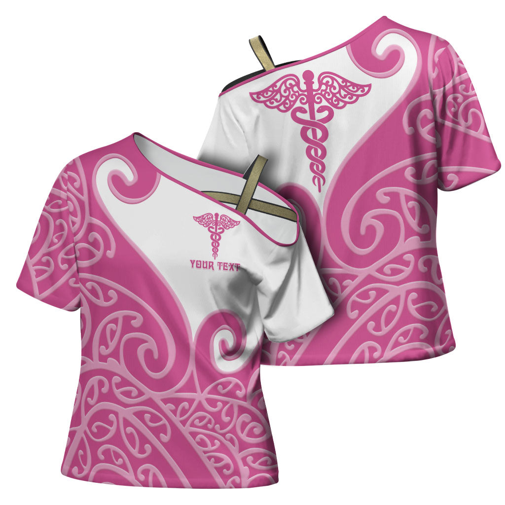 Personalised New Zealand Nurse Cross Shoulder Shirt Maori Koru Pink Version