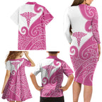 Personalised New Zealand Nurse Family Matching Long Sleeve Bodycon Dress and Hawaiian Shirt Maori Koru Pink Version
