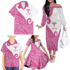 Personalised New Zealand Nurse Family Matching Off The Shoulder Long Sleeve Dress and Hawaiian Shirt Maori Koru Pink Version
