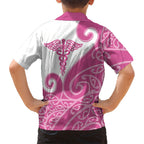 Personalised New Zealand Nurse Family Matching Off The Shoulder Long Sleeve Dress and Hawaiian Shirt Maori Koru Pink Version