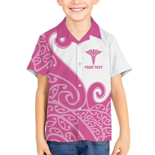 Personalised New Zealand Nurse Family Matching Off The Shoulder Long Sleeve Dress and Hawaiian Shirt Maori Koru Pink Version