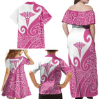 Personalised New Zealand Nurse Family Matching Off Shoulder Maxi Dress and Hawaiian Shirt Maori Koru Pink Version