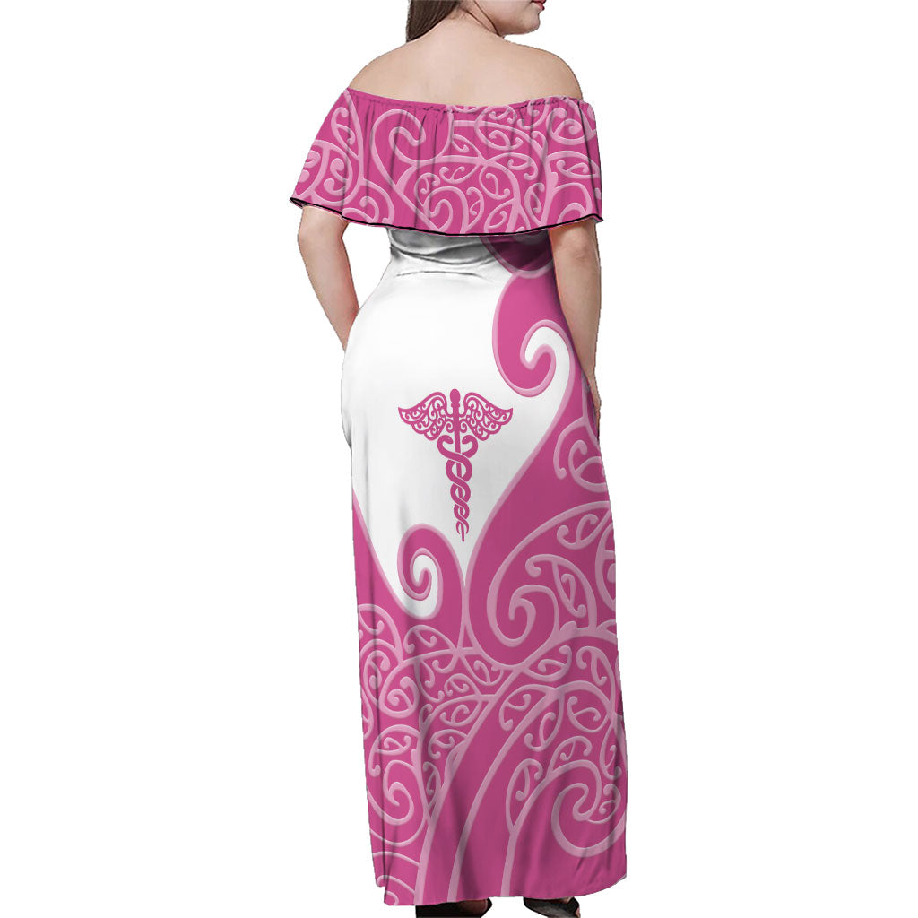 Personalised New Zealand Nurse Family Matching Off Shoulder Maxi Dress and Hawaiian Shirt Maori Koru Pink Version