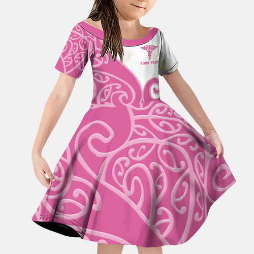 Personalised New Zealand Nurse Family Matching Off Shoulder Short Dress and Hawaiian Shirt Maori Koru Pink Version