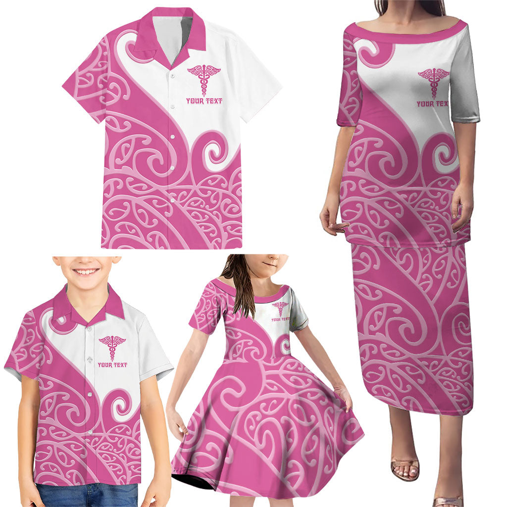 Personalised New Zealand Nurse Family Matching Puletasi and Hawaiian Shirt Maori Koru Pink Version