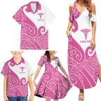 Personalised New Zealand Nurse Family Matching Summer Maxi Dress and Hawaiian Shirt Maori Koru Pink Version