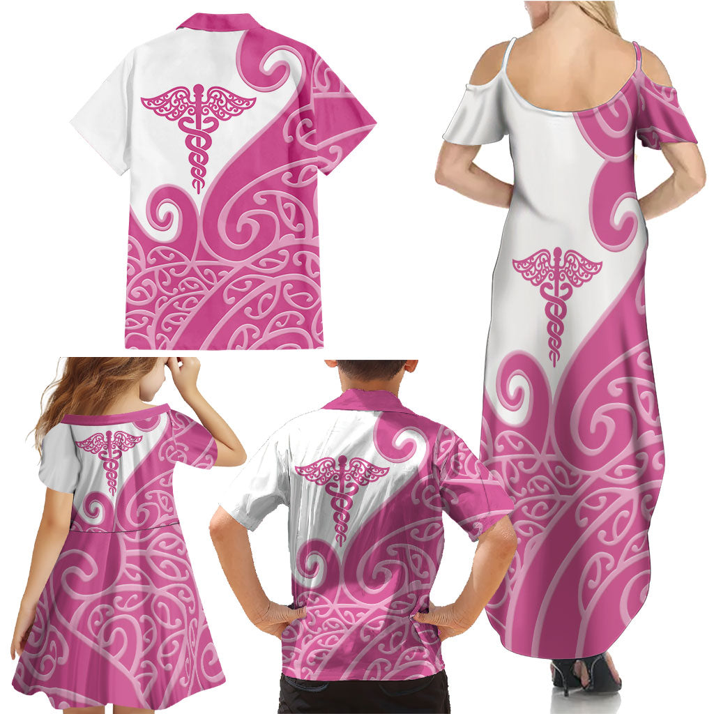 Personalised New Zealand Nurse Family Matching Summer Maxi Dress and Hawaiian Shirt Maori Koru Pink Version