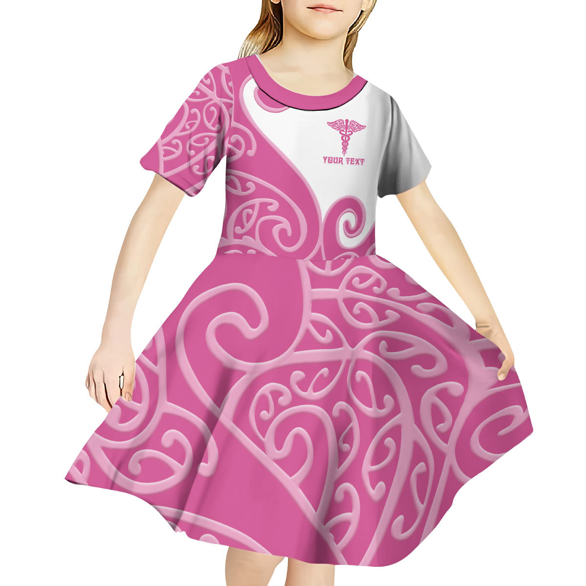 Personalised New Zealand Nurse Kid Short Sleeve Dress Maori Koru Pink Version