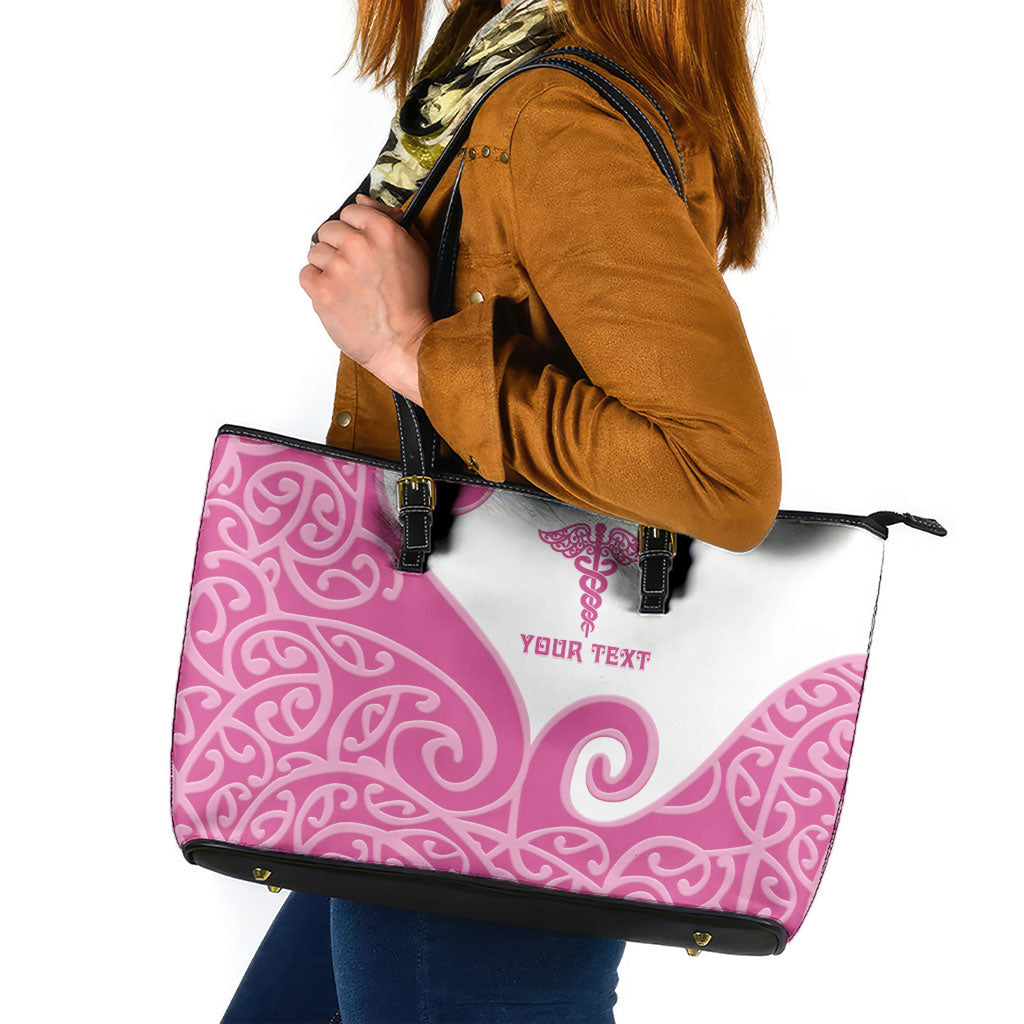 Personalised New Zealand Nurse Leather Tote Bag Maori Koru Pink Version