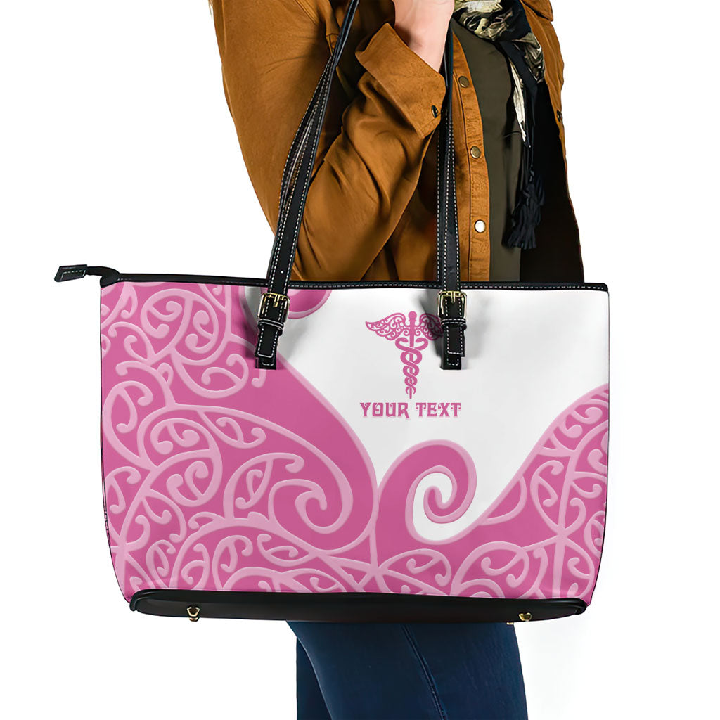 Personalised New Zealand Nurse Leather Tote Bag Maori Koru Pink Version
