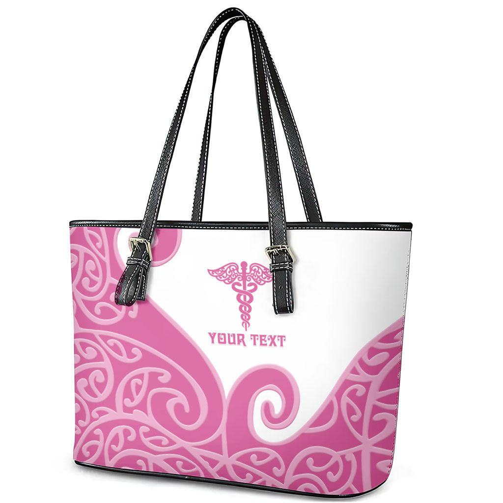 Personalised New Zealand Nurse Leather Tote Bag Maori Koru Pink Version