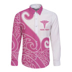Personalised New Zealand Nurse Long Sleeve Button Shirt Maori Koru Pink Version