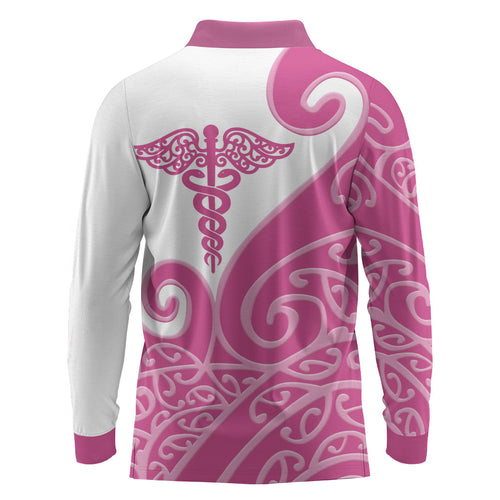 Personalised New Zealand Nurse Long Sleeve Polo Shirt Maori Koru Pink Version