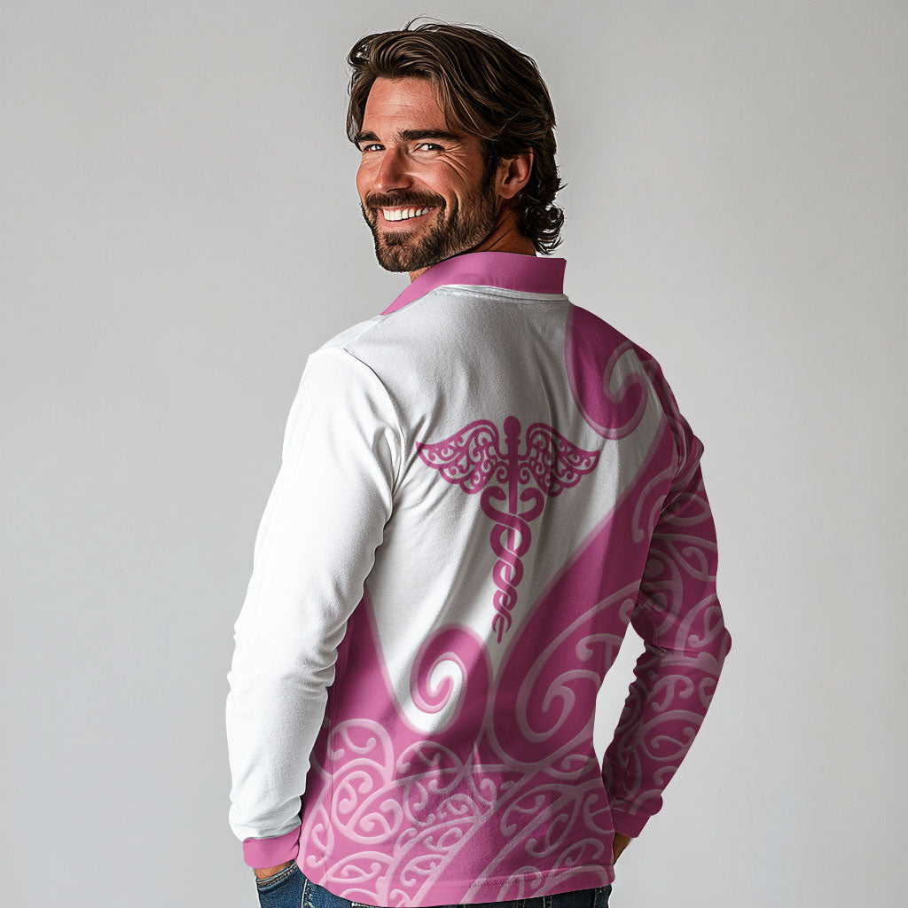 Personalised New Zealand Nurse Long Sleeve Polo Shirt Maori Koru Pink Version