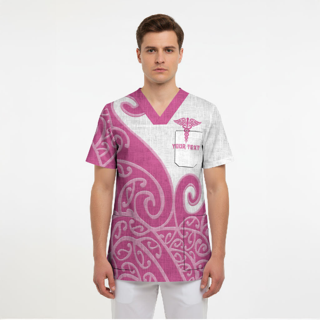 Personalised New Zealand Nurse Scrub Top Maori Koru Pink Version