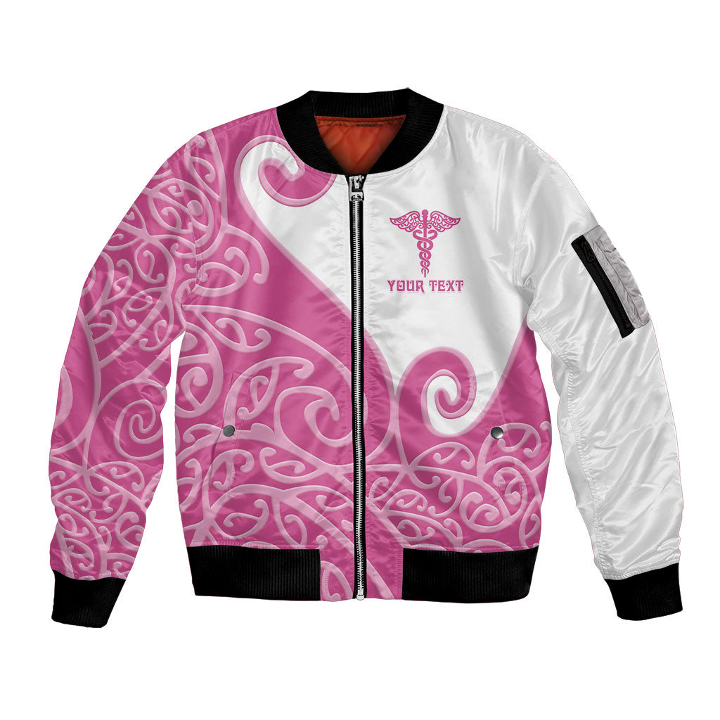 Personalised New Zealand Nurse Sleeve Zip Bomber Jacket Maori Koru Pink Version