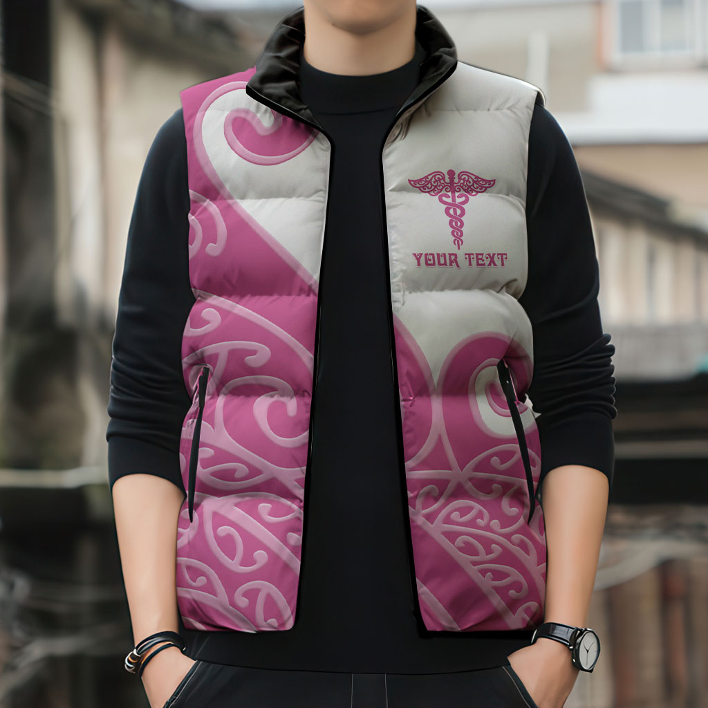 Personalised New Zealand Nurse Sleeveless Puffer Jacket Maori Koru Pink Version