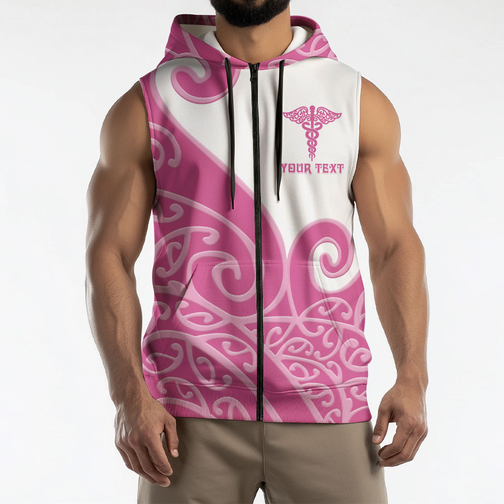 Personalised New Zealand Nurse Sleeveless Zip Hoodie Maori Koru Pink Version