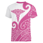 Personalised New Zealand Nurse Women V-Neck T-Shirt Maori Koru Pink Version