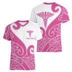 Personalised New Zealand Nurse Women V-Neck T-Shirt Maori Koru Pink Version