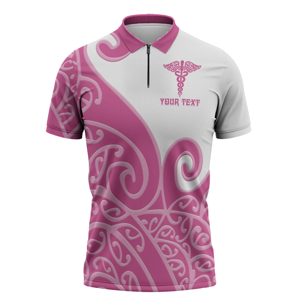 Personalised New Zealand Nurse Zipper Polo Shirt Maori Koru Pink Version