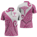 Personalised New Zealand Nurse Zipper Polo Shirt Maori Koru Pink Version