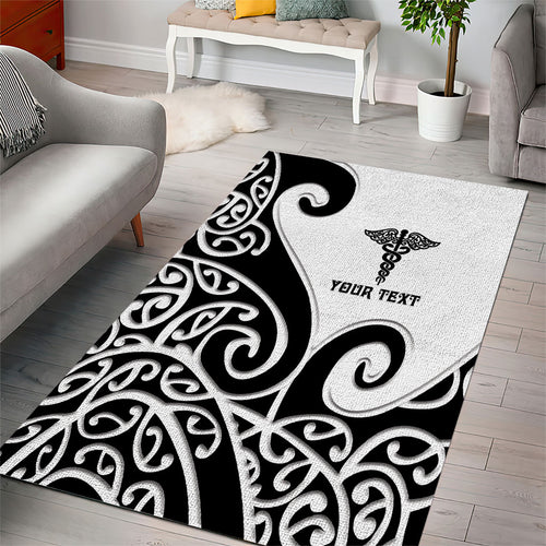 Personalised New Zealand Nurse Area Rug Maori Koru Black Version