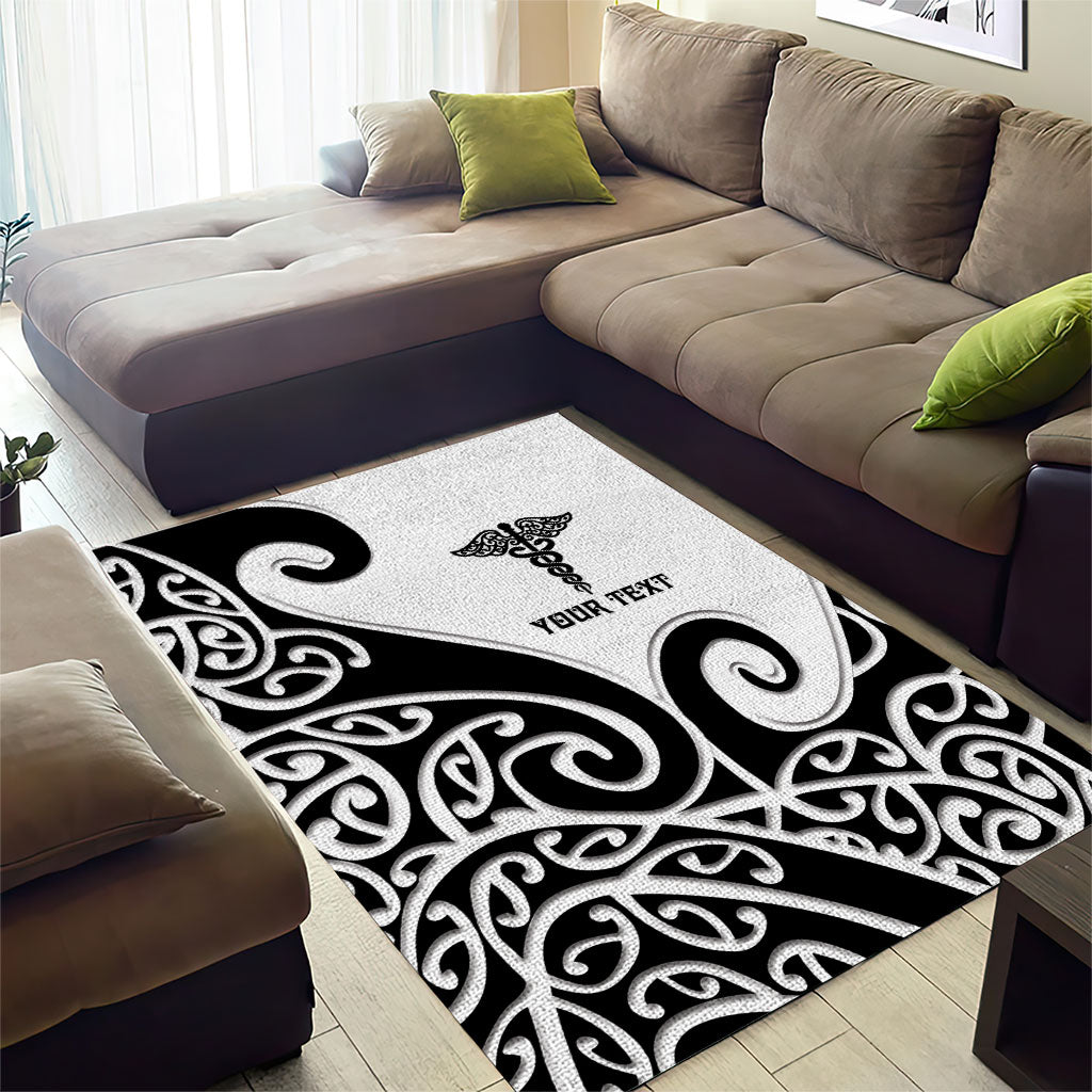 Personalised New Zealand Nurse Area Rug Maori Koru Black Version