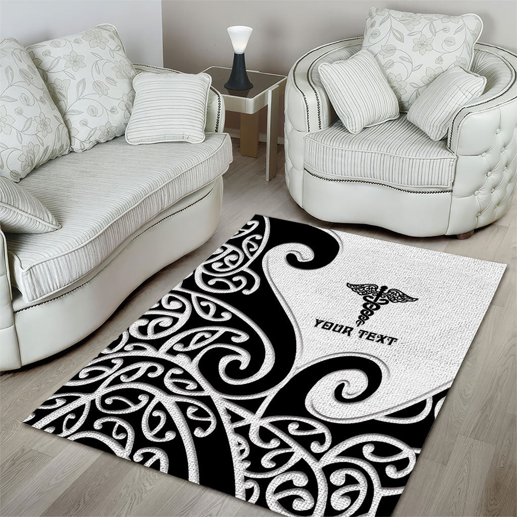 Personalised New Zealand Nurse Area Rug Maori Koru Black Version