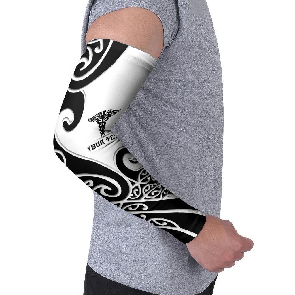 Personalised New Zealand Nurse Arm Sleeves Maori Koru Black Version