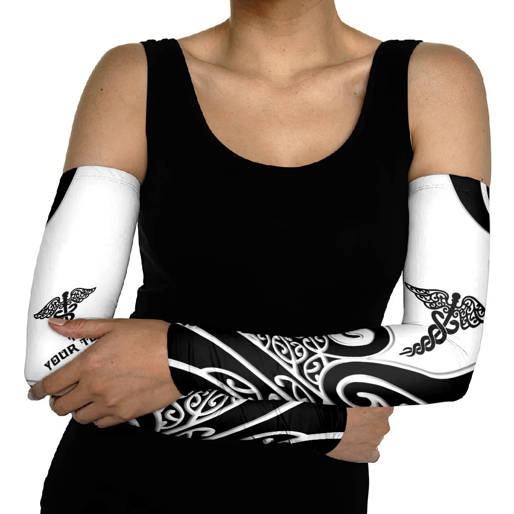 Personalised New Zealand Nurse Arm Sleeves Maori Koru Black Version