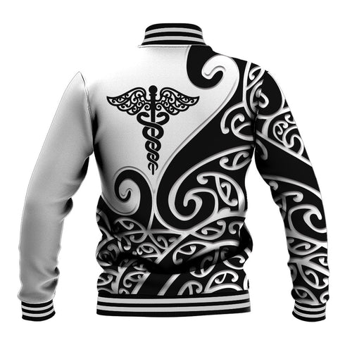 Personalised New Zealand Nurse Baseball Jacket Maori Koru Black Version