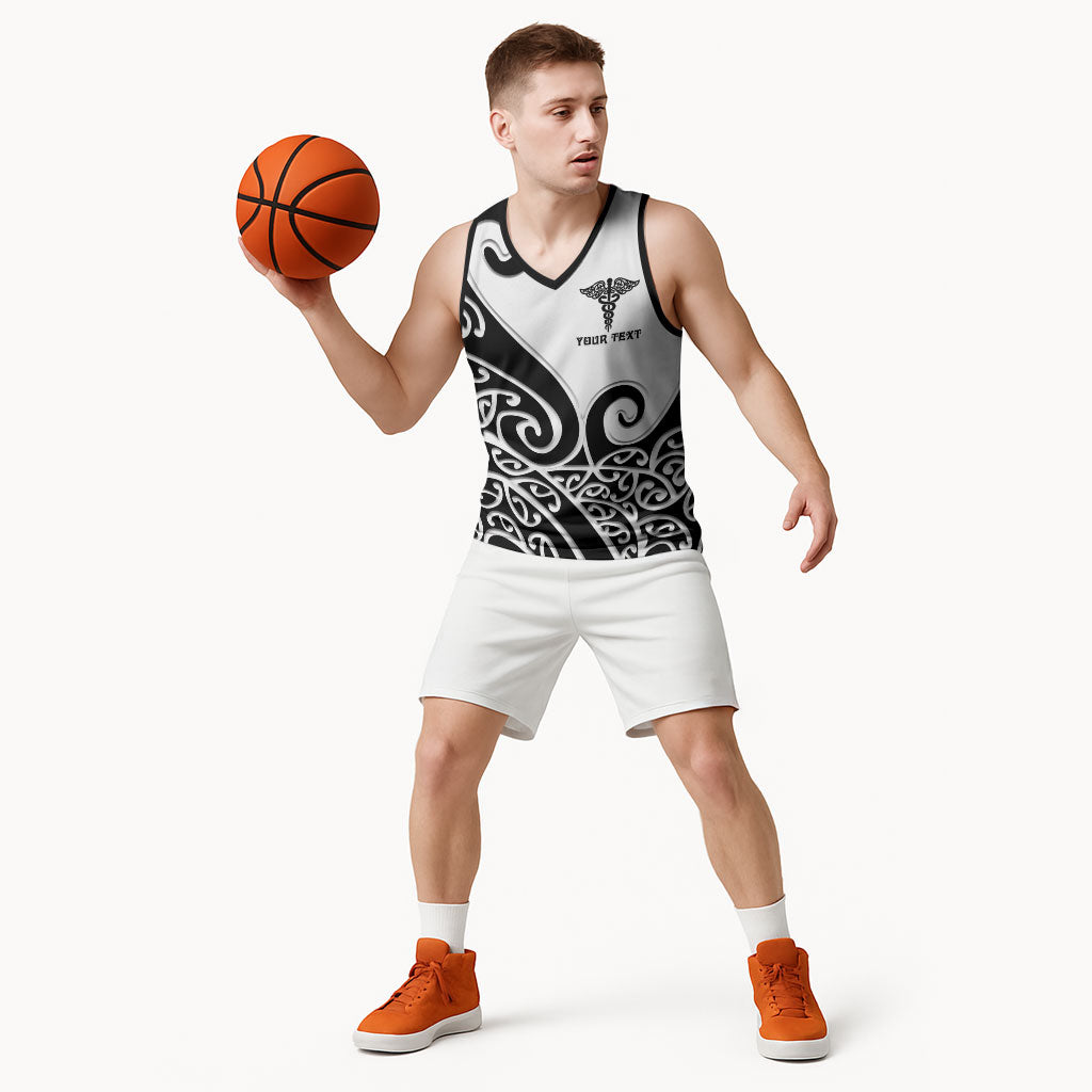 Personalised New Zealand Nurse Basketball Jersey Maori Koru Black Version