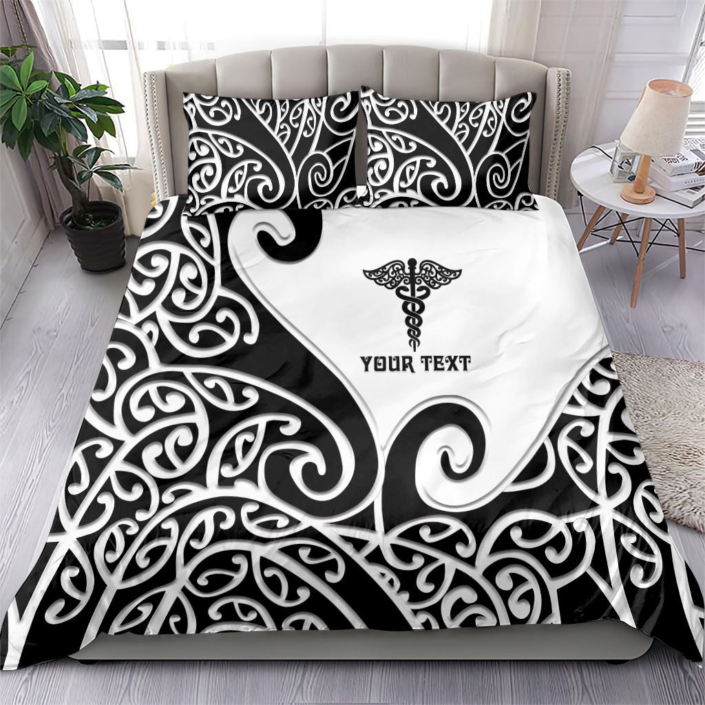 Personalised New Zealand Nurse Bedding Set Maori Koru Black Version