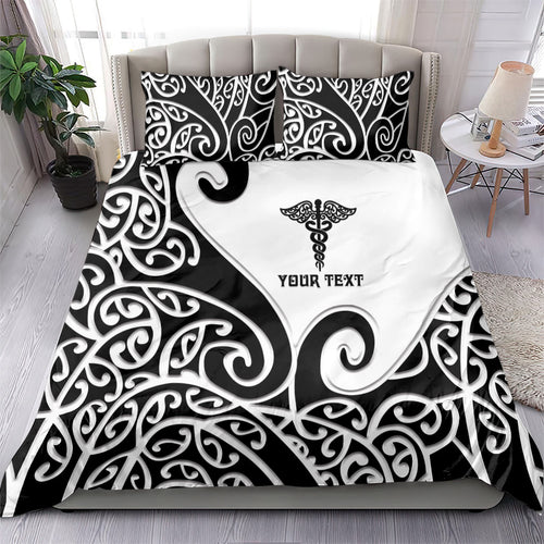 Personalised New Zealand Nurse Bedding Set Maori Koru Black Version