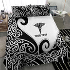Personalised New Zealand Nurse Bedding Set Maori Koru Black Version
