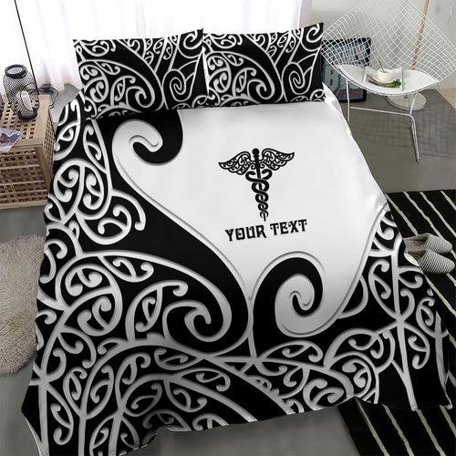 Personalised New Zealand Nurse Bedding Set Maori Koru Black Version