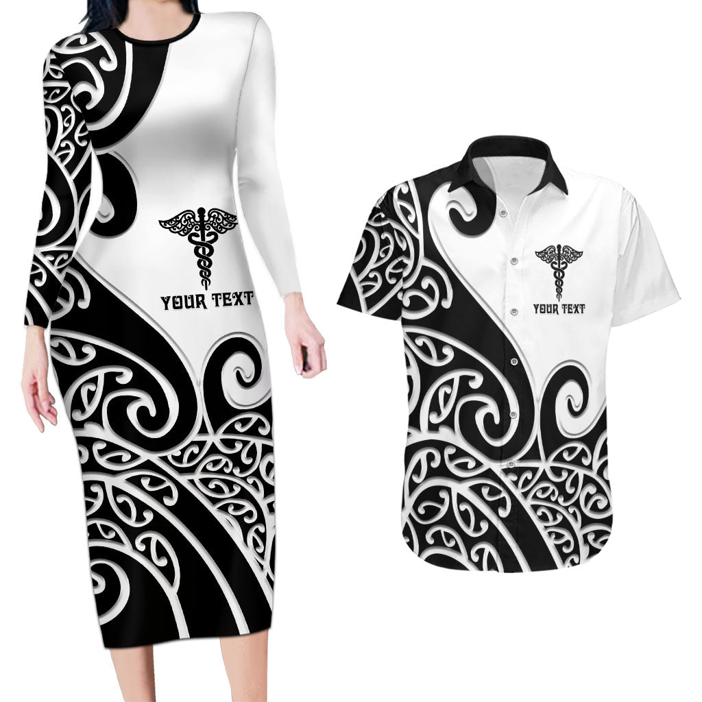 Personalised New Zealand Nurse Couples Matching Long Sleeve Bodycon Dress and Hawaiian Shirt Maori Koru Black Version