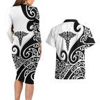 Personalised New Zealand Nurse Couples Matching Long Sleeve Bodycon Dress and Hawaiian Shirt Maori Koru Black Version