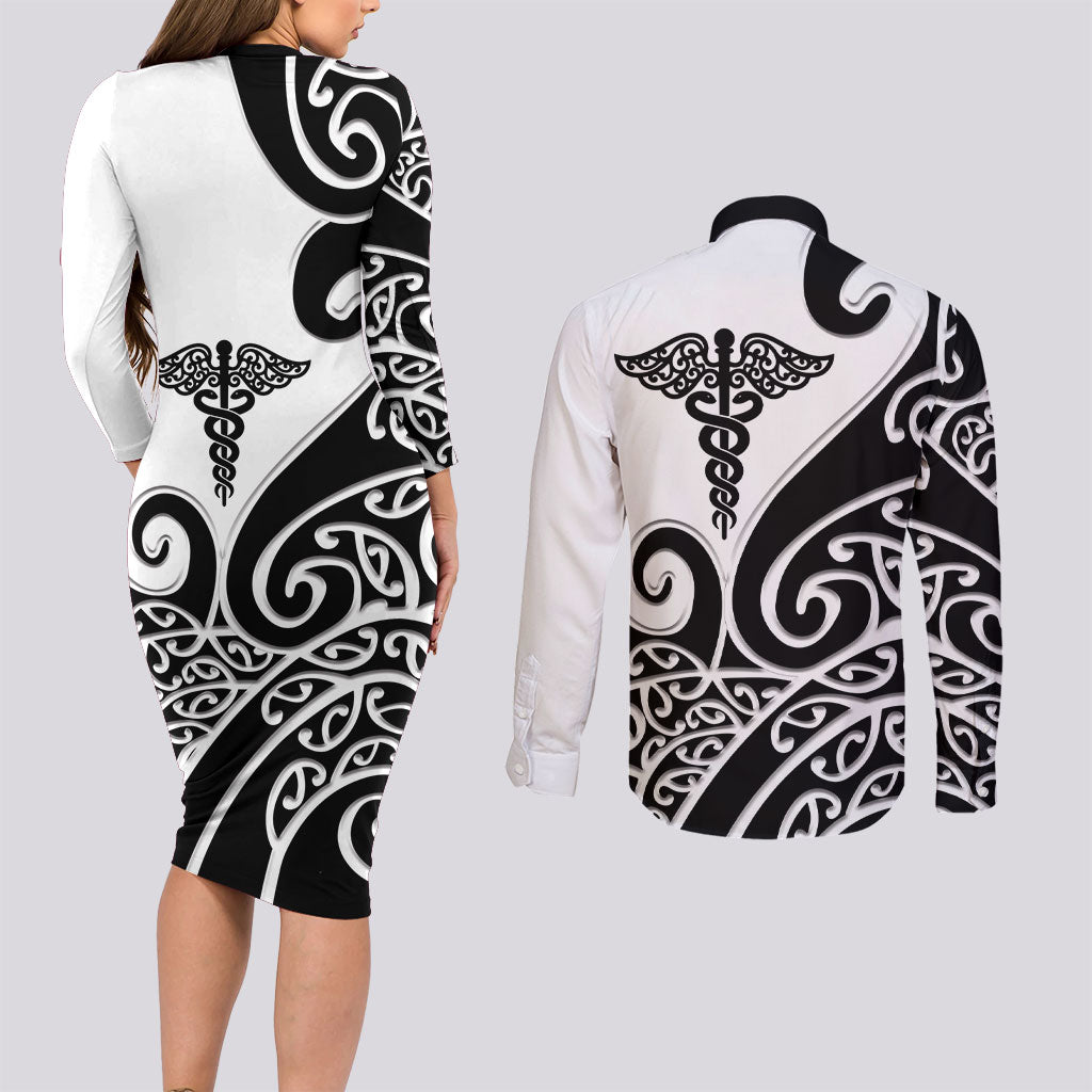 Personalised New Zealand Nurse Couples Matching Long Sleeve Bodycon Dress and Long Sleeve Button Shirt Maori Koru Black Version