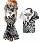 Personalised New Zealand Nurse Couples Matching Mermaid Dress and Hawaiian Shirt Maori Koru Black Version