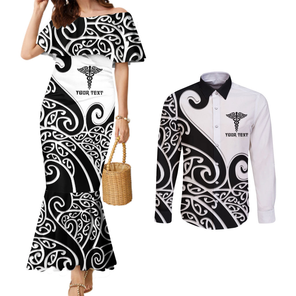 Personalised New Zealand Nurse Couples Matching Mermaid Dress and Long Sleeve Button Shirt Maori Koru Black Version