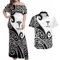 Personalised New Zealand Nurse Couples Matching Off Shoulder Maxi Dress and Hawaiian Shirt Maori Koru Black Version