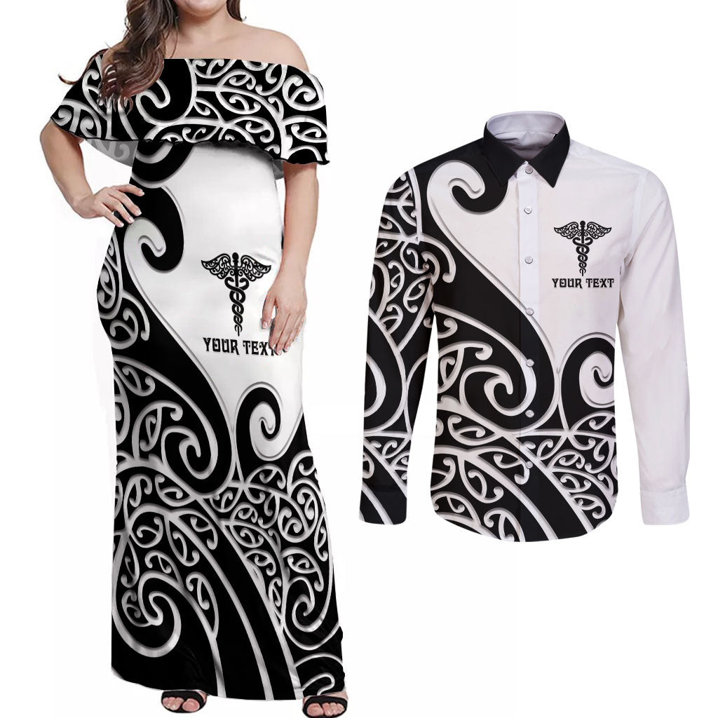 Personalised New Zealand Nurse Couples Matching Off Shoulder Maxi Dress and Long Sleeve Button Shirt Maori Koru Black Version