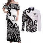 Personalised New Zealand Nurse Couples Matching Off Shoulder Maxi Dress and Long Sleeve Button Shirt Maori Koru Black Version