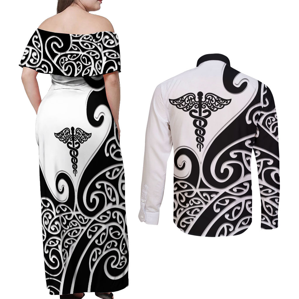 Personalised New Zealand Nurse Couples Matching Off Shoulder Maxi Dress and Long Sleeve Button Shirt Maori Koru Black Version