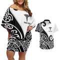 Personalised New Zealand Nurse Couples Matching Off Shoulder Short Dress and Hawaiian Shirt Maori Koru Black Version