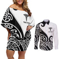 Personalised New Zealand Nurse Couples Matching Off Shoulder Short Dress and Long Sleeve Button Shirt Maori Koru Black Version