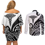 Personalised New Zealand Nurse Couples Matching Off Shoulder Short Dress and Long Sleeve Button Shirt Maori Koru Black Version