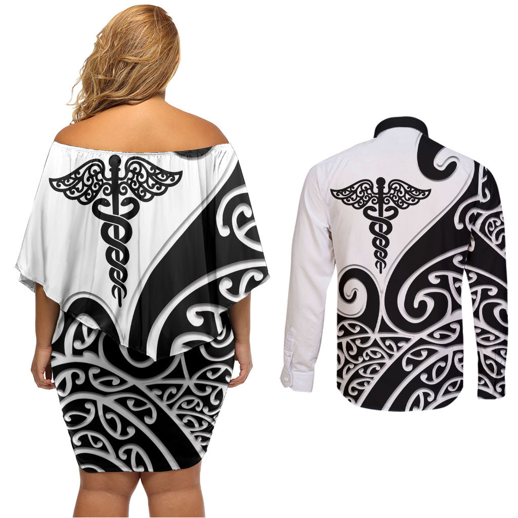 Personalised New Zealand Nurse Couples Matching Off Shoulder Short Dress and Long Sleeve Button Shirt Maori Koru Black Version